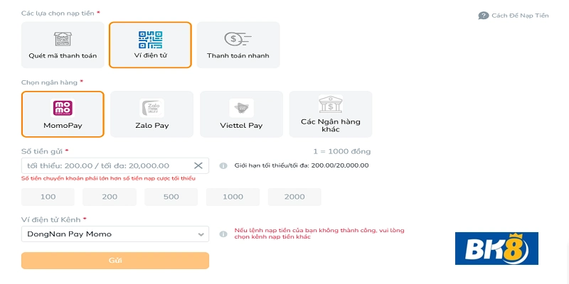 Cách nạp tiền BK8 qua ví điện tử