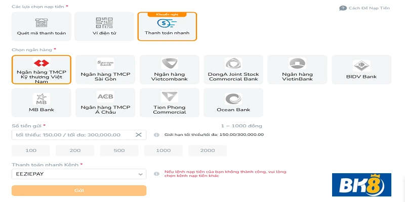 Nạp tiền tài khoản BK8 qua thanh toán nhanh